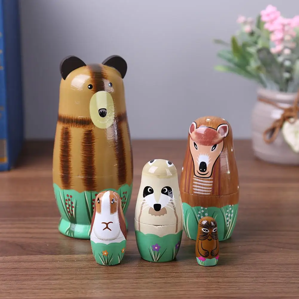 

1 Set hot sale Color Painted Girl Wood Russian Nesting Matryoshka Dolls Matryoshka Nesting Animal Painted CuteToys Gift 5Pcs/Set