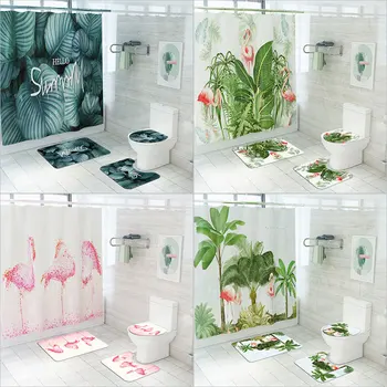 

New Style Cross Border under the Tree Flamingo Printed Waterproof Shower Curtain Rug Four-piece Set Toilet Mat Set a Generation