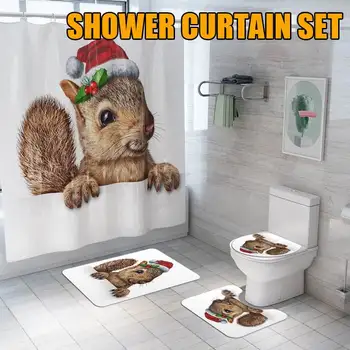 

4pcs/set Christmas Squirrel Print Shower Curtain Pedestal Rug Lid Toilet Cover Mat Bath Mat Set Bathroom Curtains with 12 Hooks