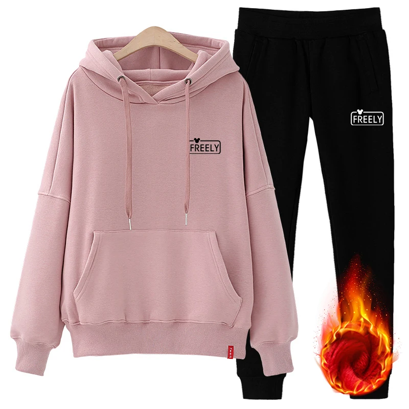 1861008336pinkblack Большой размер S-XXXL Новые женские спортивные костюмы осень и зима модные повседневные свободные плюс бархатный вкладыш фуфайка комплект - Цвет: 1861008336pinkblack