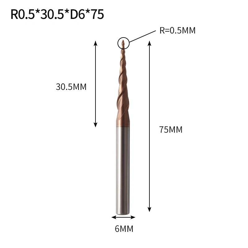 Augusttools Tapered cone Ball Nose End Mill HRC60 Cnc Taper Wood Metal Cutter Tungsten Solid Carbide Tapered Milling Cutter 4mm - Длина режущей кромки: R0.5X30.5XD6X75L