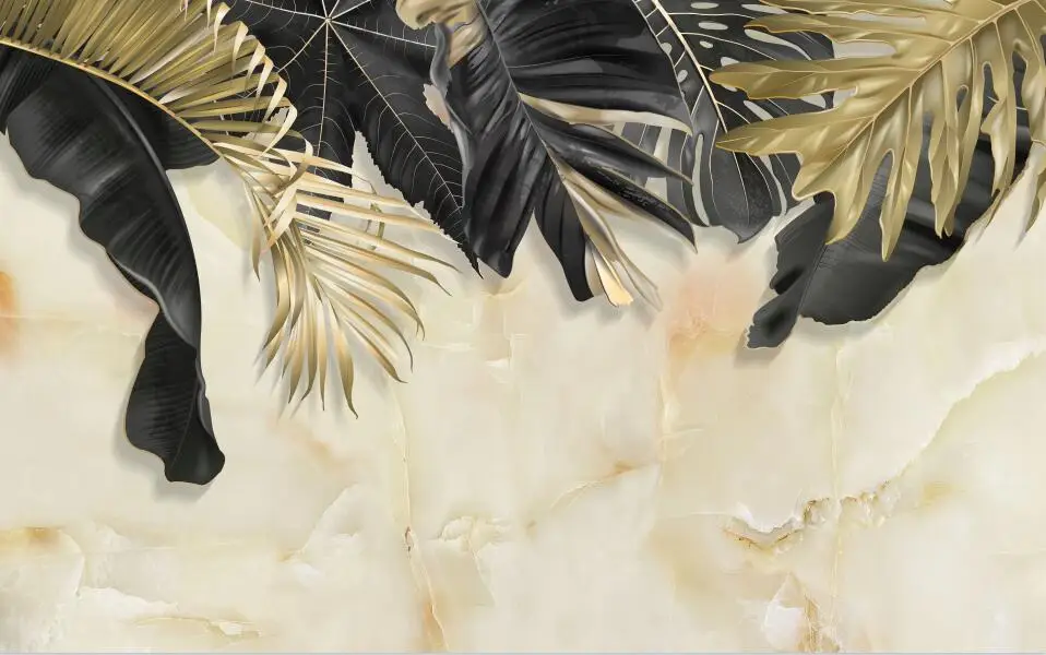 20297139 原创北欧简约轻奢黑金树叶卧室沙发背景墙