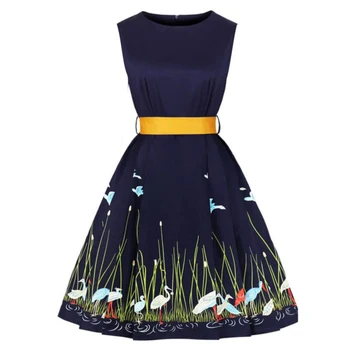 

New Arrivals Round Neck Swan Print High Waist Sleeveless Retro Dress Navy Color Belts Vintage Style Women Dress Vestidos
