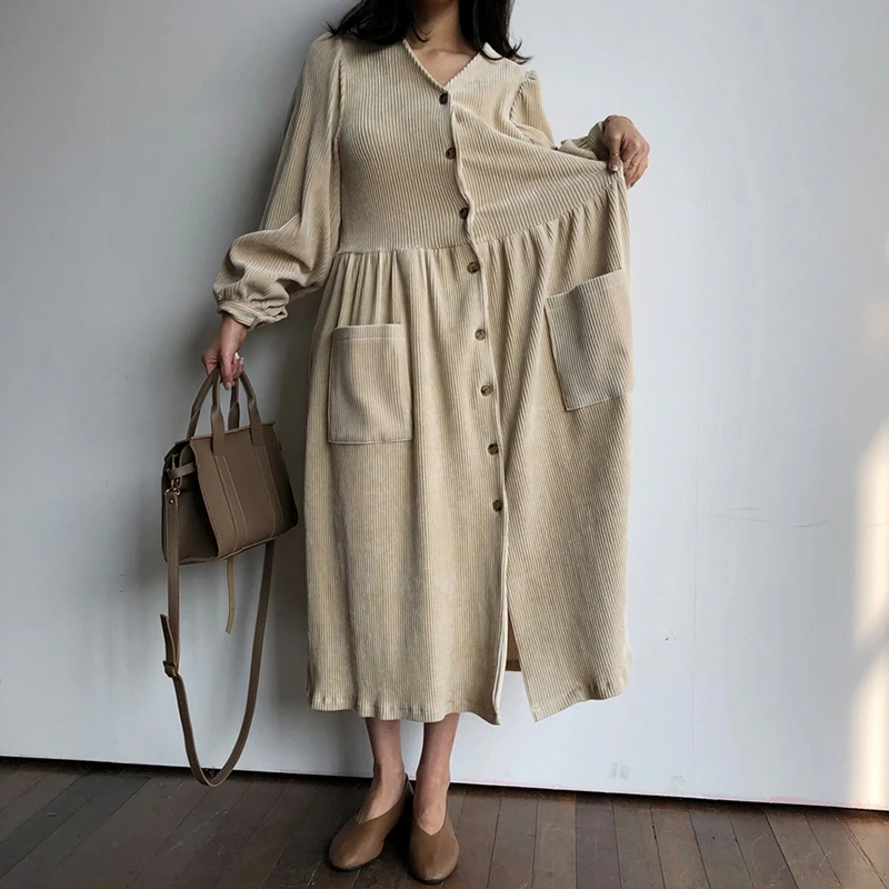 

Women's Long Corduroy Dress Fall Winter New Elegance Loose V-neck Solid Minimalist Ankle-length Dresses Female Oversize Dress