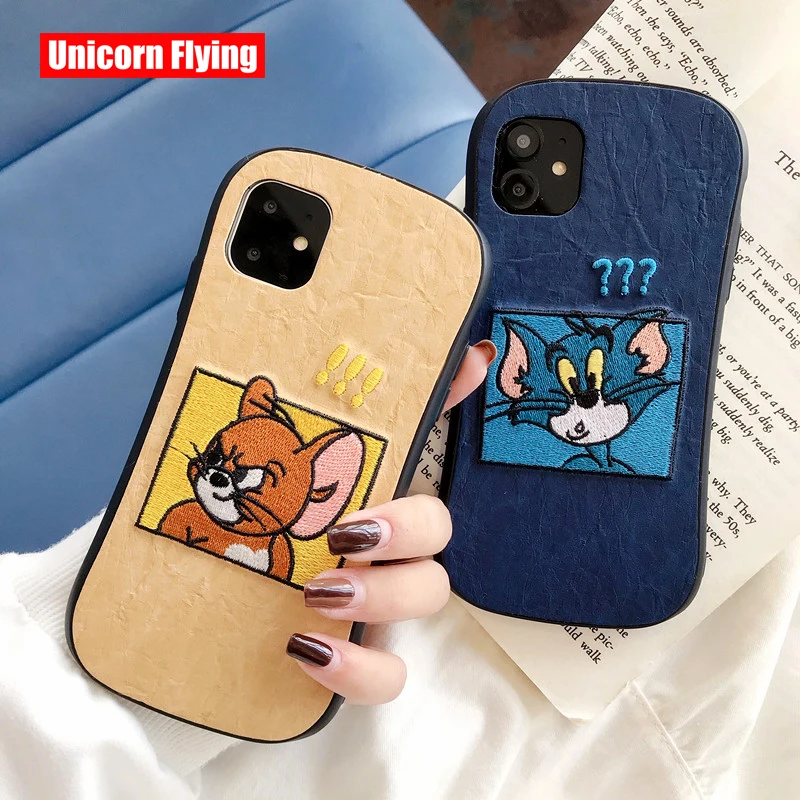 

LinXiang Cartoon Lovers Tom Jerry Cat Mouse Embroidery Leather Phone Case Back Cover For iphone 6 6s 7 8 Plus X XS Max XR 11 Pro