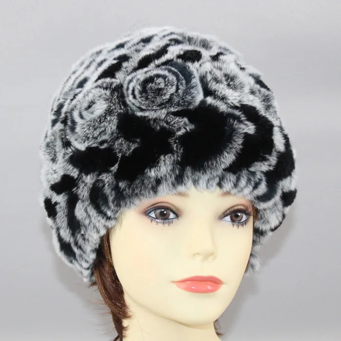 Женский Зимний натуральный настоящий мех кролика шапка эластичная теплая мягкая пушистая натуральная меховая шапка роскошный Настоящий мех кролика шапки - Цвет: black grey