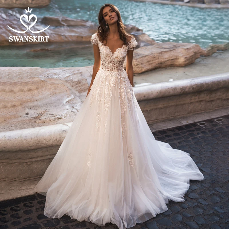 

Beaded Appliques Wedding Dress 2020 Swanskirt Scoop Beaded Flowers A-Line Illusion Bride gown Princess robe de mariee NY27