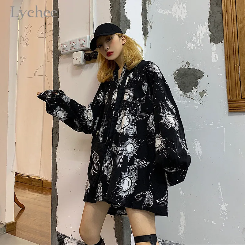 Lychee Harajuku темная мультяшная женская рубашка с принтом от солнца блузка