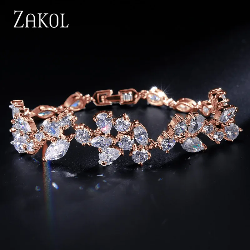 ZAKOL 3 цвета белый цвет дизайн кубического циркония цветок Цепочка браслет на запястье для женщин Мода лист Свадебные украшения FSBP014