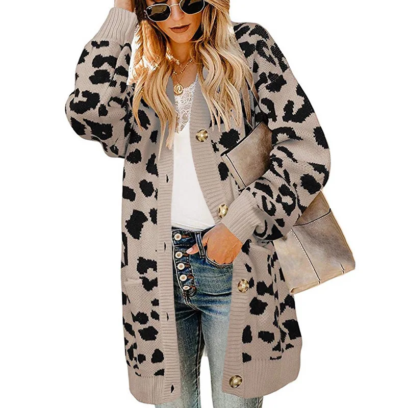 Леопардовый вязаный свитер, кардиган для женщин, Осень-зима, модный Свободный Повседневный элегантный винтажный женский свитер средней длины с длинным рукавом
