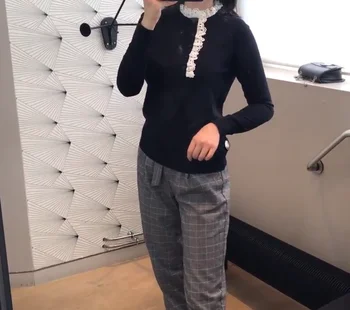 

Women Dress 2019 Autumn and Winter Stitching Lace Long Sleeve Knit