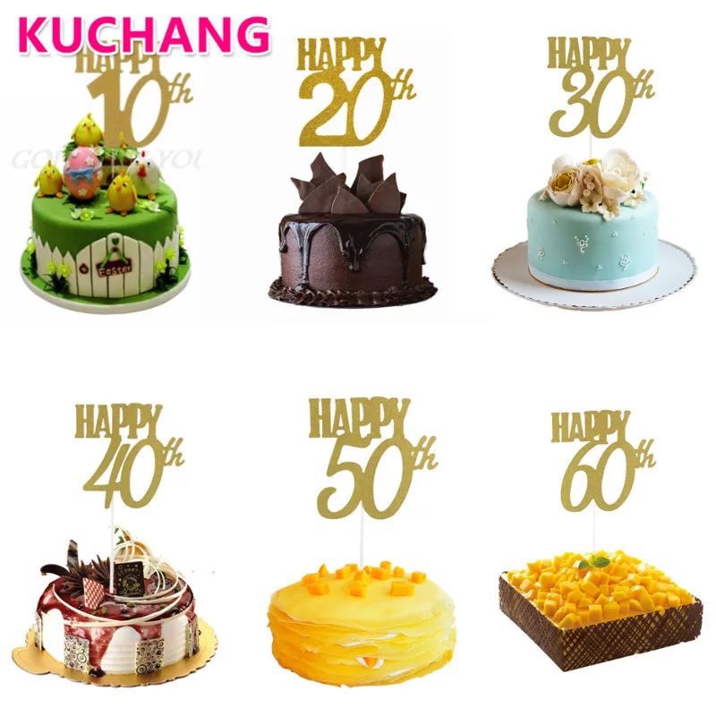

1PC Home Cake Happy 10th 20th 30th 40th 50th 60th Cupcake Flag Topper Card Birthday Party Cake Flag DIY Decoration Prop Supplies