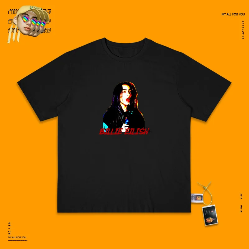 Billie Eilish пирус груша Паровая волна короткий рукав рендеринг без подкладки верхняя одежда женская школьная ветер половина рукава Matcha зеленый T A - Цвет: black