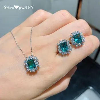 

Shipei Vintage 925Sterling Silver Paraiba Tourmaline Greated Moissanite Gemstone Earrings/Pendant/Necklace Wedding Jewelry Sets