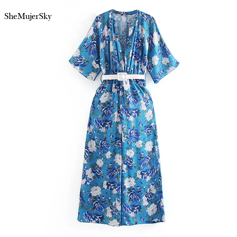 

SheMujerSky Blue Bohemian Floral Print Women Jumpsuits V-neck Sashes Overalls monos elegantes para las mujeres 2019