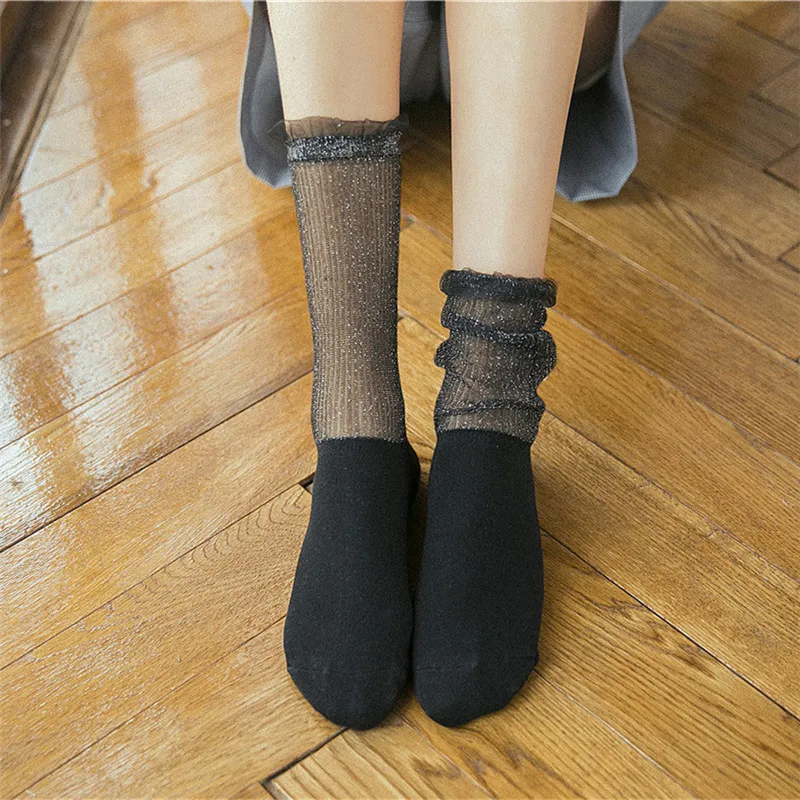Women Retro Lace Ruffle Midi-Tube Socks Female Crystal Silk Ultrathin Sock Sexy Mesh Frill Trim Transparent Summer Women's Socks