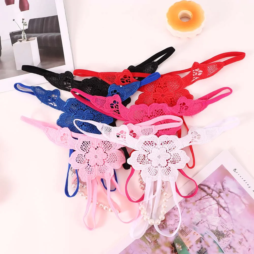 

1 PC Women Panties Sexy Crotchless Thong Faux Pearl Lace Embroidered Flower Briefs Invisible Hollow G-String T-pants Panties