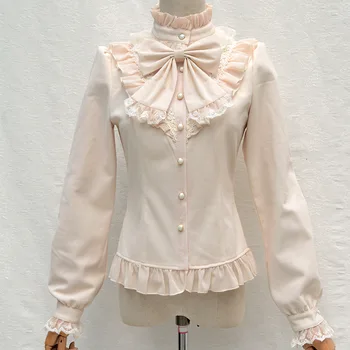 

Women Lolita Blouses Winter Long Sleeve Warm Flannel Lining Stand Collar Sweet Bowtie Agaric hem Vintage Royal Slim Shirts