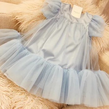 

6378 Blue Ruffles Mesh Princess Baby Girl Dress 2020New Summer Party Wedding Kid Dress For Girl Wholesale Children Child Clothes