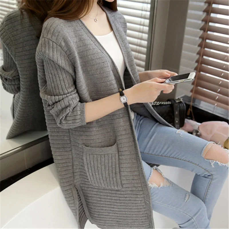 

Autumn Korean Long Sweater Women Knitted Jacket Coat 4 Color Jumper Ladies V-Neck Long Sleeve Pocket Knit Cardigan Tops Female