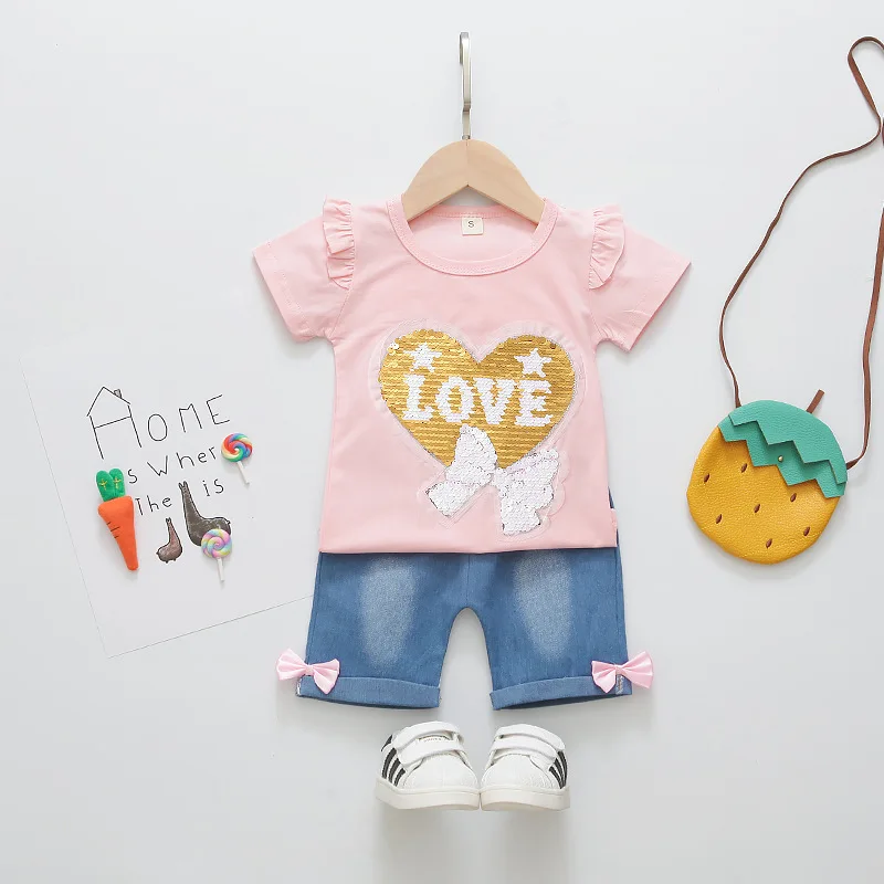pink Комплекты одежды для маленьких девочек; коллекция года; летняя детская футболка с бантом+ однотонные шорты; комплект детской одежды из 2 предметов; модная одежда для девочек - Цвет: pink