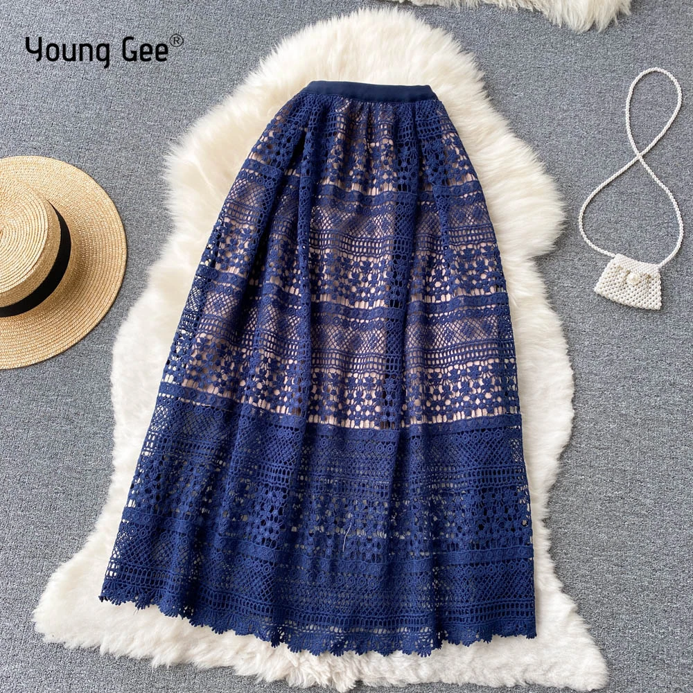 

Young Gee Women Elegant Flower Hollow Out Crochet Lace Skirts Vintage Party Black Navy Apricot Midi Skirt Faldas Mujer Moda