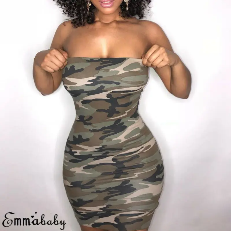 

New Women Sexy Plus Size Camo Dresses Bandeau Bodycon Evening Party Pencil Club Mini Dress Ladies Wrap Chest Camouflage Dresses