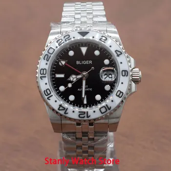 

Luxury Bliger 40mm Black Dial Luminous Marks White Ceramic Bezel Jubilee-Band GMT Function Self-Winding Movement Men's Watches