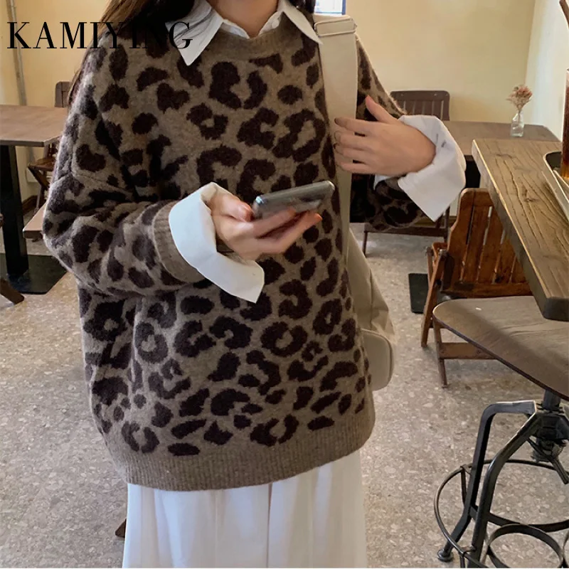

Leopard Sweater Women O Neck Long Sleeve Pullovers Vintage Loose Tops Korean New Fashion Streetwear Pull Femme
