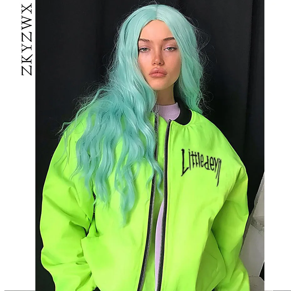 

ZKYZWX Oversized Bomber Jacket Women New Festival Clothing Fall Winter Streetwear Jackets and Coats Neon Yellow Black Outerwear