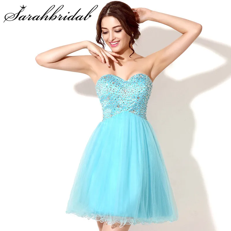 Chic Sky Blue Short Homecoming Dresses Crystal Lace Up Sleeveless Cheap Sweetheart Ruffles Graduation Party Gown Vestidos SD034