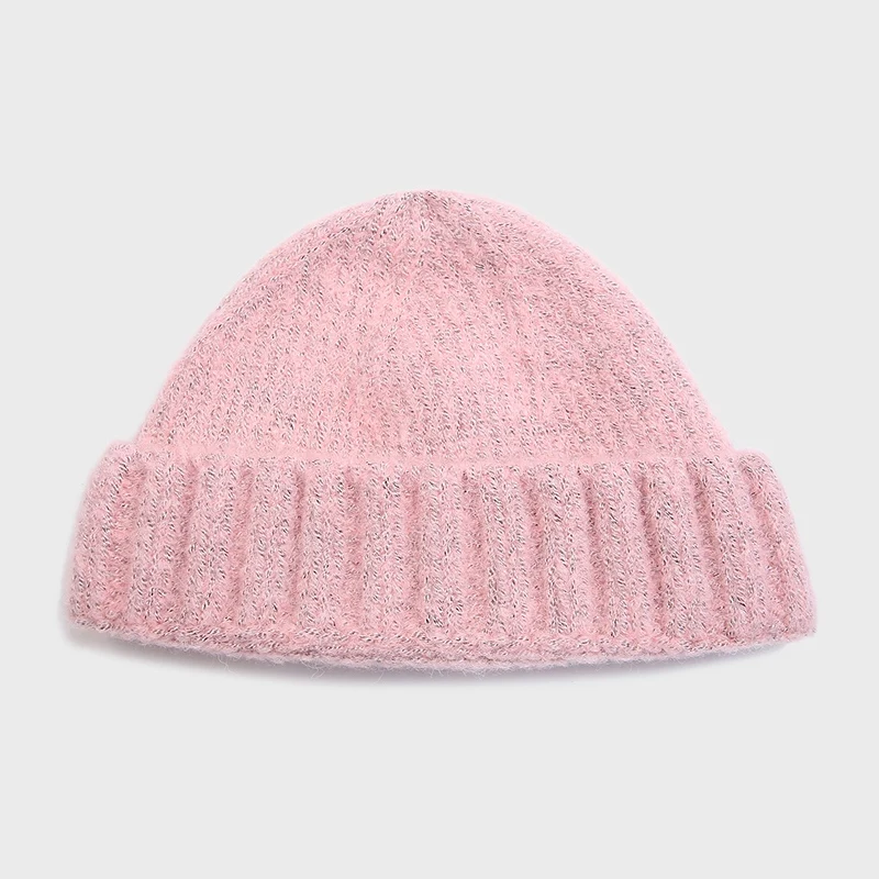 Мужская вязаная шапка Skullcap без полей, хип-хоп шапки в стиле ретро, модные ребристые зимние теплые вязаные шапки Skullcap унисекс, короткие шапки-бини с дыней - Цвет: Розовый
