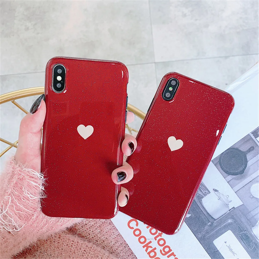 Lovebay блестящий чехол для телефона с сердечком для iPhone 11 Pro 6 6s 7 8 Plus X XR XS Max простой мягкий IMD для iPhone XS задняя крышка подарок