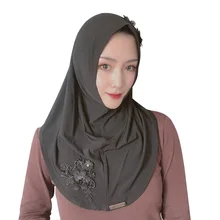 Мусульманский платок Цветочная вышивка кружевом, модная женская летняя вуаль, спандекс эластичный хиджаб