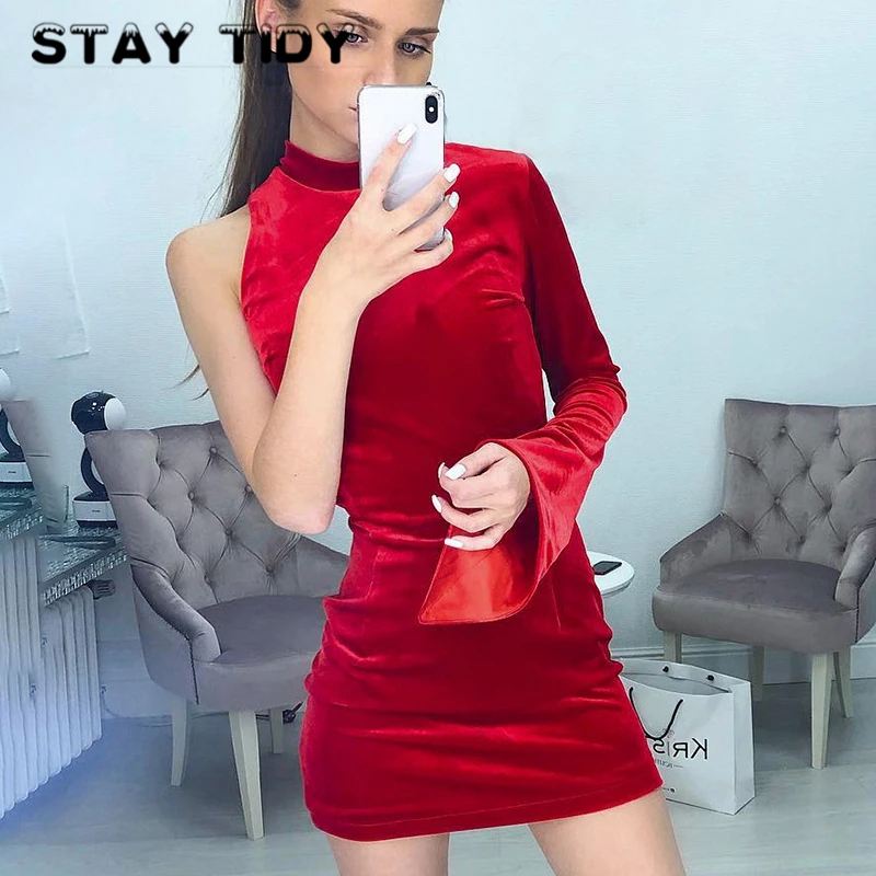 

STAY TIDY Soft Velvet Solid Bodycon Mini Dress 2020 Winter Spring Women Long Sleeve O Neck Back Zipper Sexy Party Streetwear