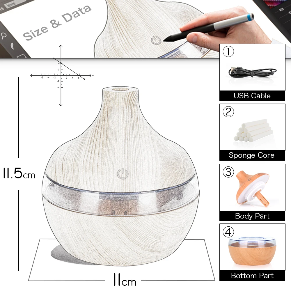 300ML USB Air Humidifier Electric Aroma Diffuser Mist Wood Grain Oil Aromatherapy Mini Have 7 LED Light For Car Home Office 3