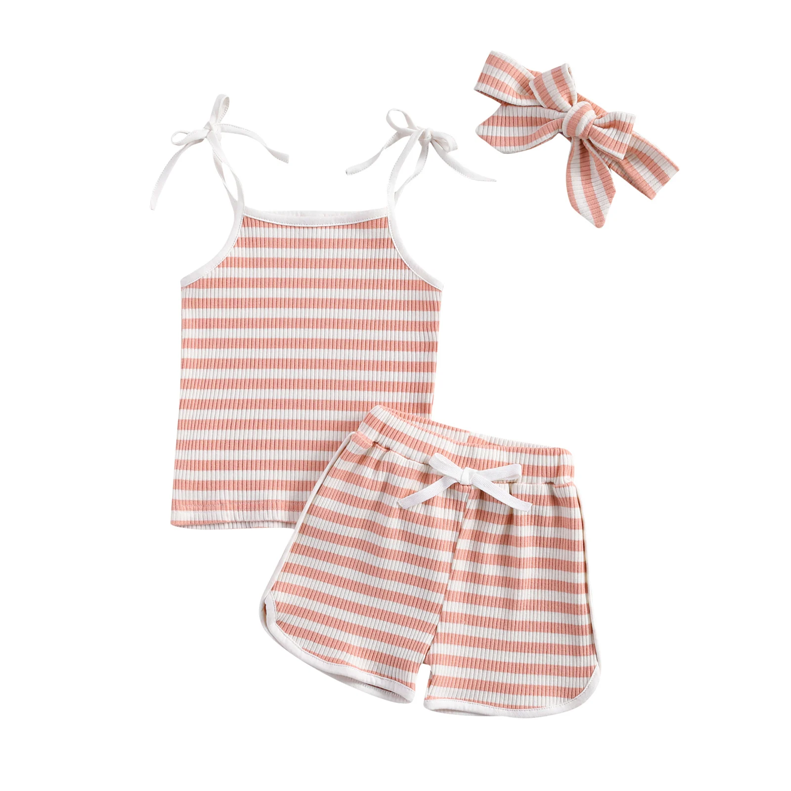 0-24M Newborn Baby Girls Boys 3Pcs Clothes Sets Striped Knitted Sleeveless Summer Sling Tops with Elastic Short and headband baby shirt clothing set Baby Clothing Set