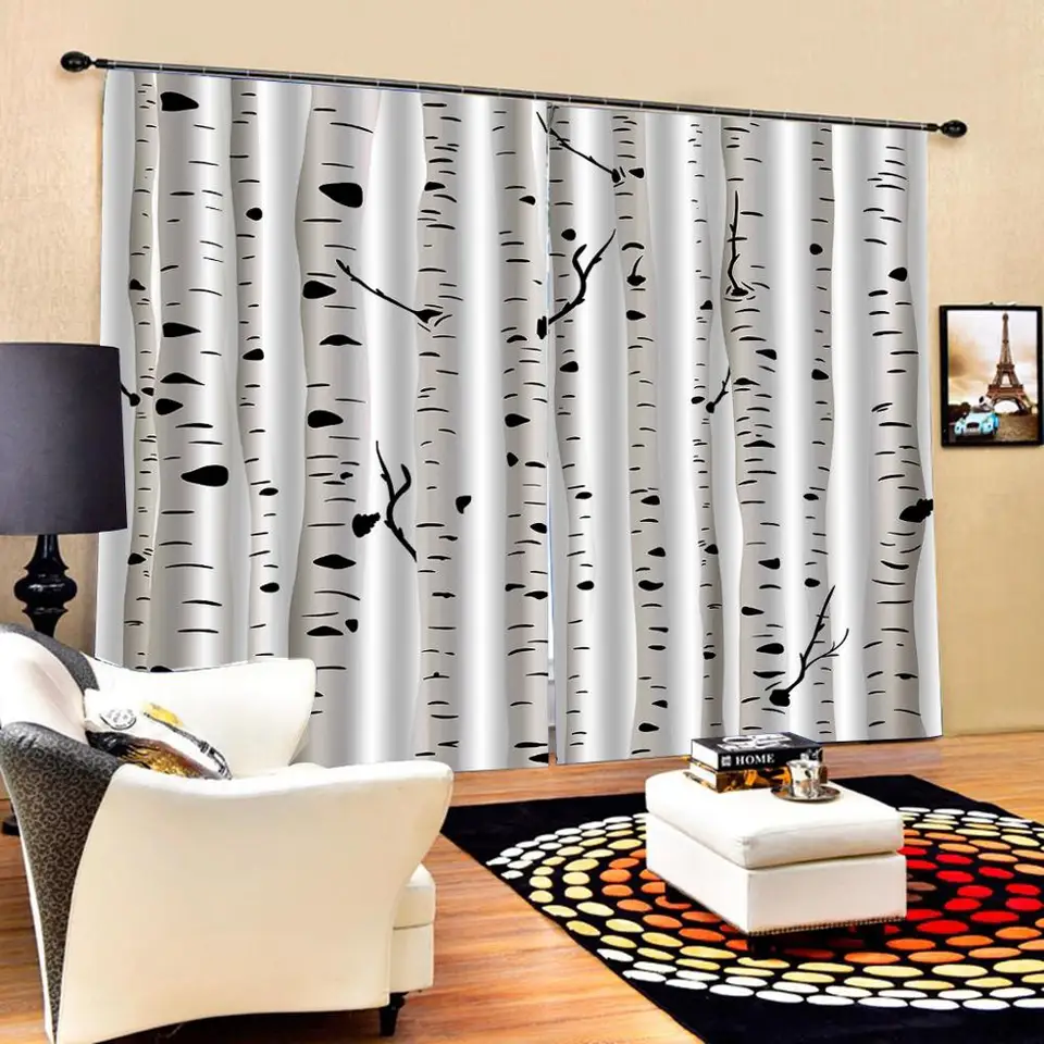 Custom Birch Tree Curtains Artistic White Branches With Leaves