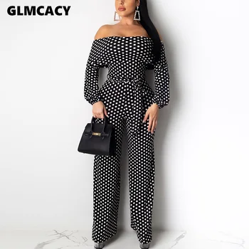 

Women Dot Printed Off Shoulder Wrap Belt Wide Leg Bodycon Jumpsuit Long Sleeve Chic Casual Spring Fall Overalls