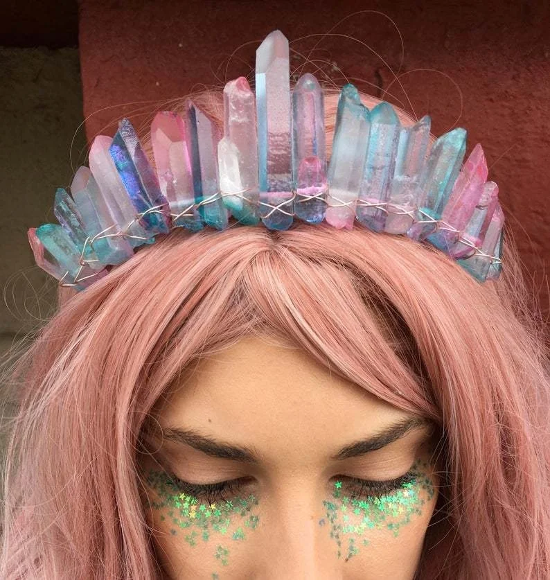 Mermaid Crystal Crown Headband Quartz Boho Hair Jewelry Purple Blue Hoop Bride Tiara Christmas Gift |
