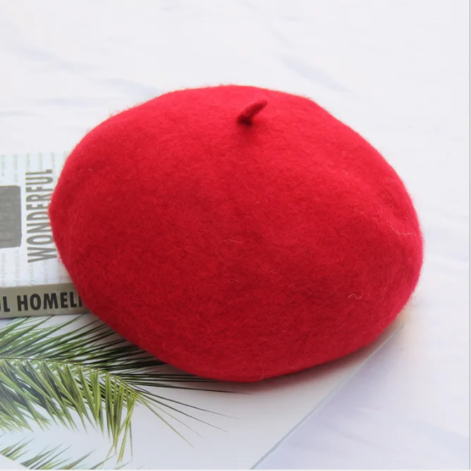 Women wool hat autumn winter thick beret lady autumn winter British painter cap version of the pure color of the bud cap - Цвет: Красный