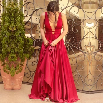 

New Elegant Sexy Red Deep V Neck Wedding Dress Sleeveless 2021 Simple Satin Long Formal Backless A-Line Prom Party Bridal Gowns