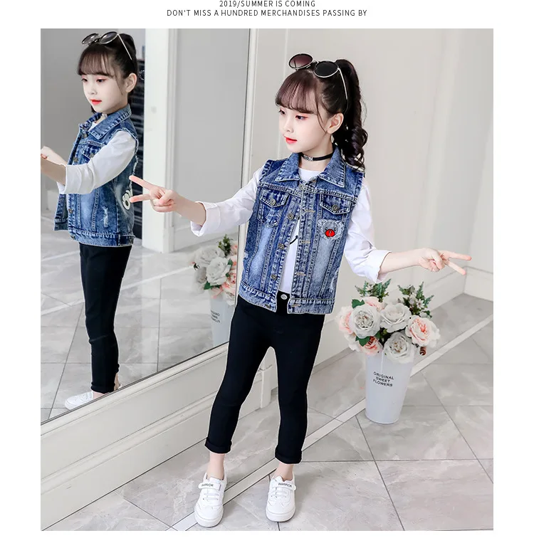 Жилет для девочек коллекция года, осенний стильный джинсовый жилет в Корейском стиле для больших мальчиков и девочек кардиган, верхняя одежда модные топы