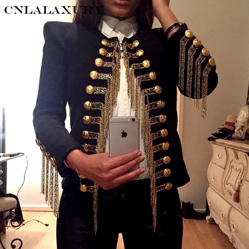 

2019 Runway Design Napoleon Short Jacket Women's Coat Luxury Gold Buttons Chains Wool Jacket Female
