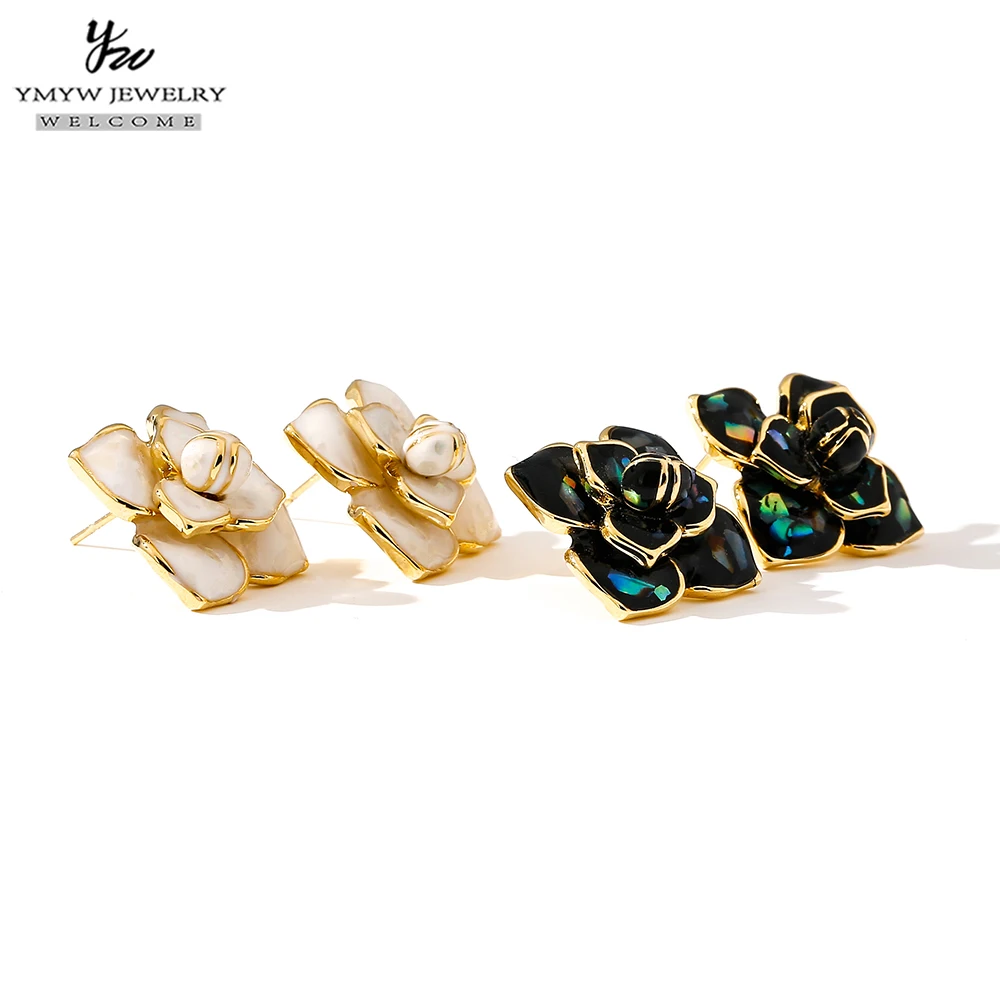 YMYW Shell Enamel Flower Plants Earrings Stud Black White Charm Brand Classic Fashion Real-Golden-Plated Earrings Brincos Bijou