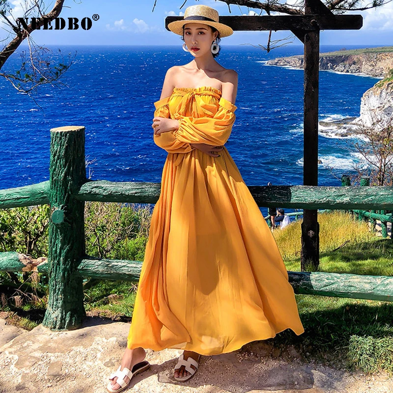 

NEEDBO Princess Dress Women Casual 2020 Vestidos Holiday Long Beach Dress Elegant Slash Neck Party Dresses Sexy Solid Maxi Dress