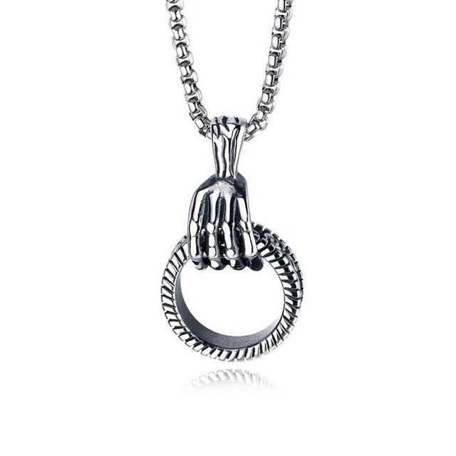 Punk Skull Hand Circle Pendant 3MM Stainless Steel Chain Necklace For Men Male Neck Gothic Jewelry