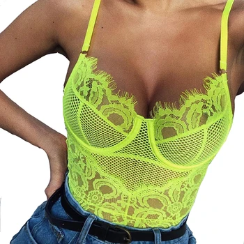 

Party Neon Lace Bodysuits Backless Rompers Women Summer Body Sexy Club Spaghetti Strap Femme Perspective Hollow Mesh Tops M0106B