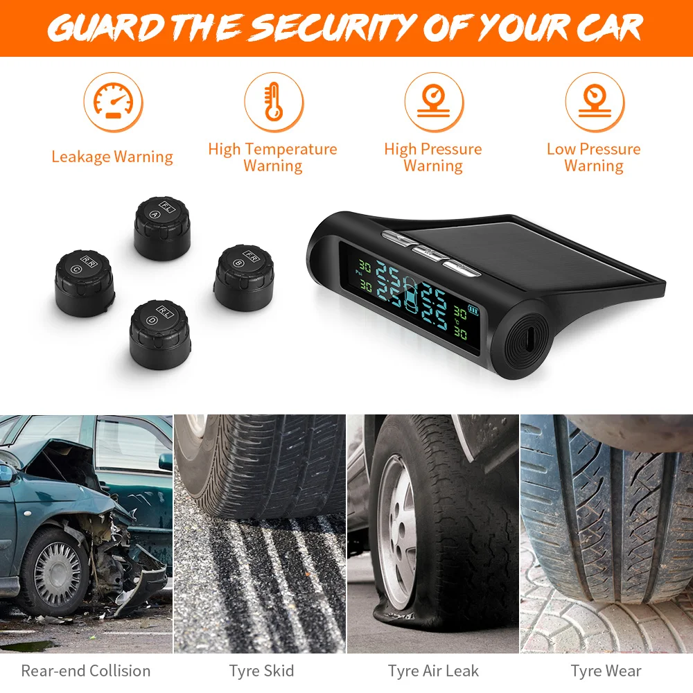 C240 Солнечная энергия TPMS Универсальная беспроводная система контроля давления в шинах в реальном времени 4 внешних/внутренних TPMS датчика