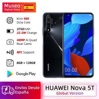 Перейти на Алиэкспресс и купить Глобальная версия Huawei Nova 5 T 5 T 8GB 128GB смартфон 48MP камеры 32MP фронтальная камера 6,26 ''экран Kirin 980 Android 9